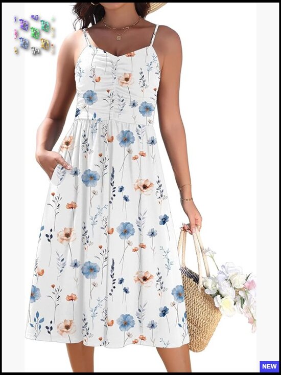 Dresses & Skirts - Floral Ruched V-Neck Midi Sundress Adjustable Straps Pockets Summer Casual